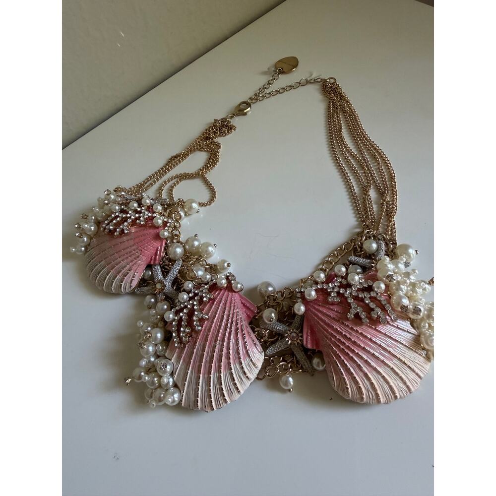 Betsey Johnson Shell Necklace Starfish Pearl Pink Gold Statement Chunky - Picture 7 of 11